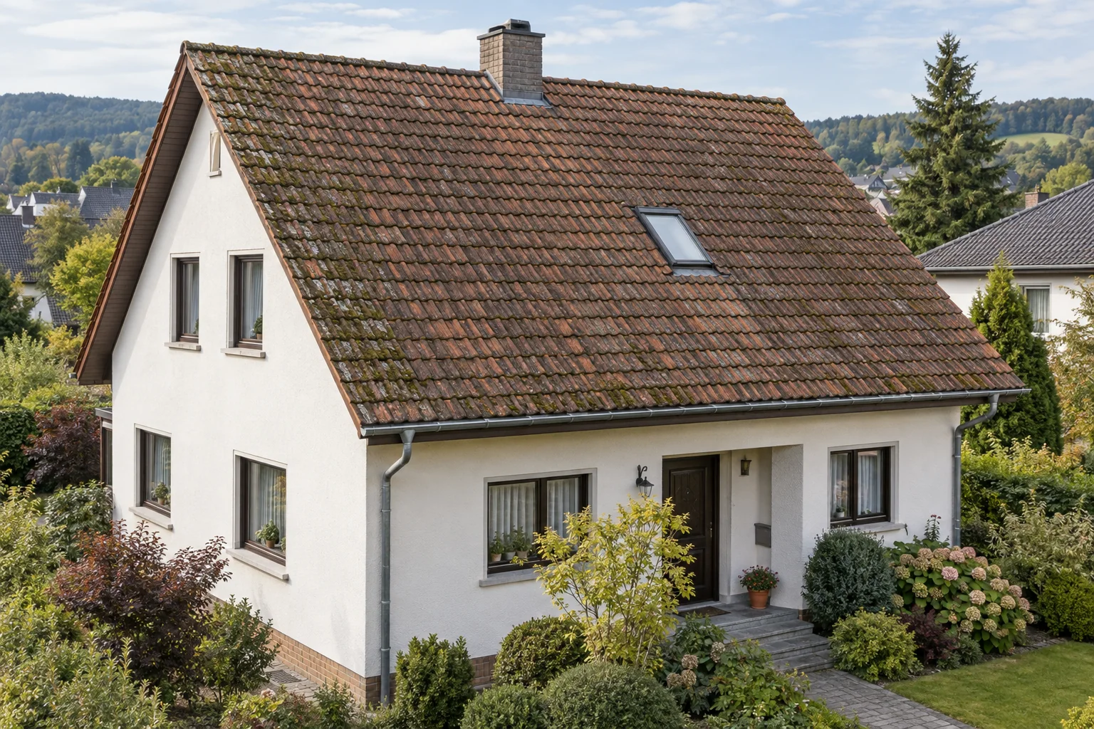 Dasselbe Haus vor der visualisierten Sanierung mit gealtertem Ziegeldach